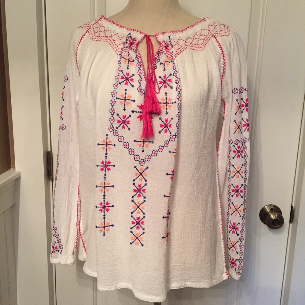 ROBERTA ROLLER RABBIT TOP NEW TUNIC WHITE PINK TIE NECK Size S NWT